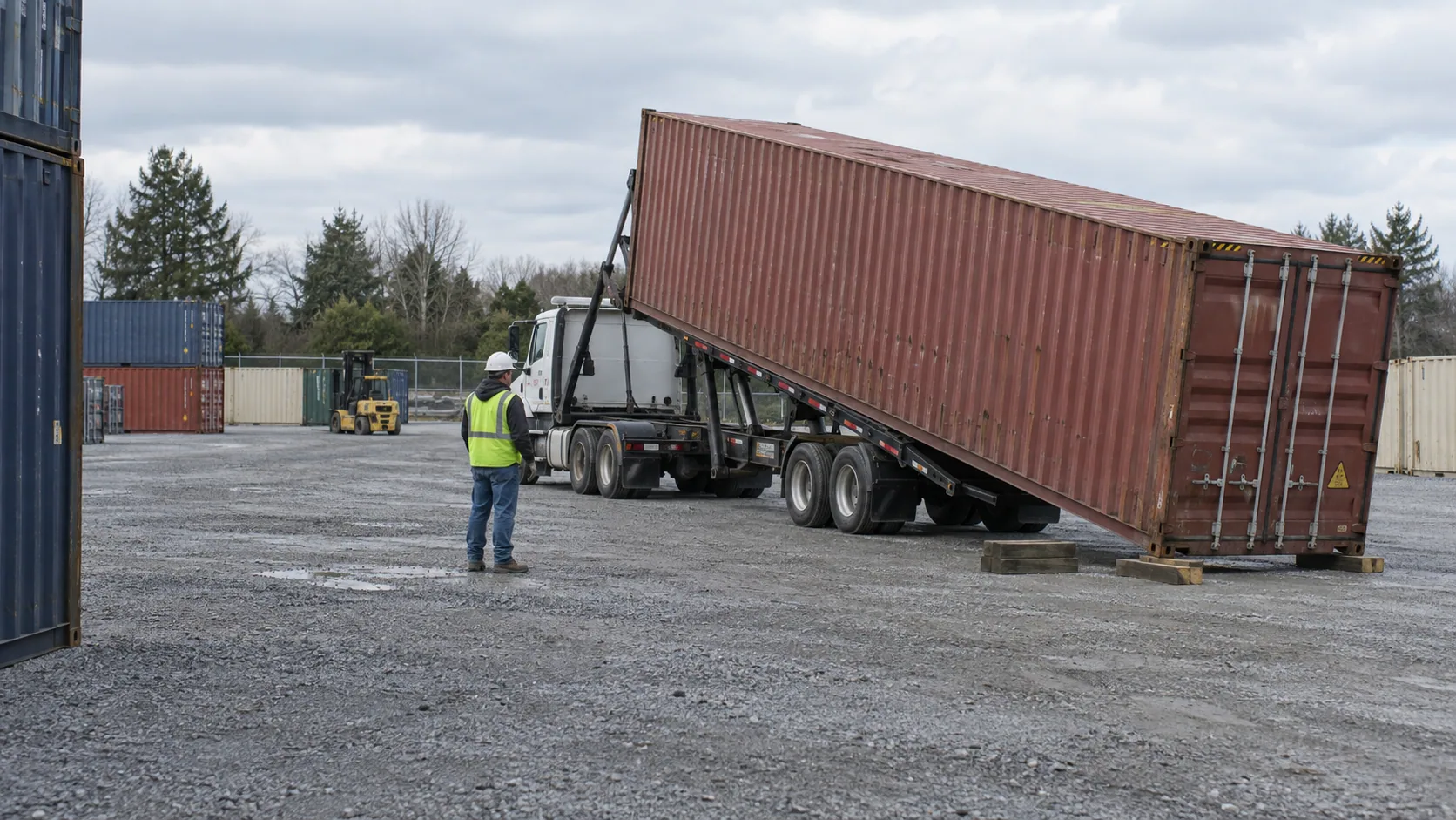 Tilt-bed truck unloading a shipping container in a working yard