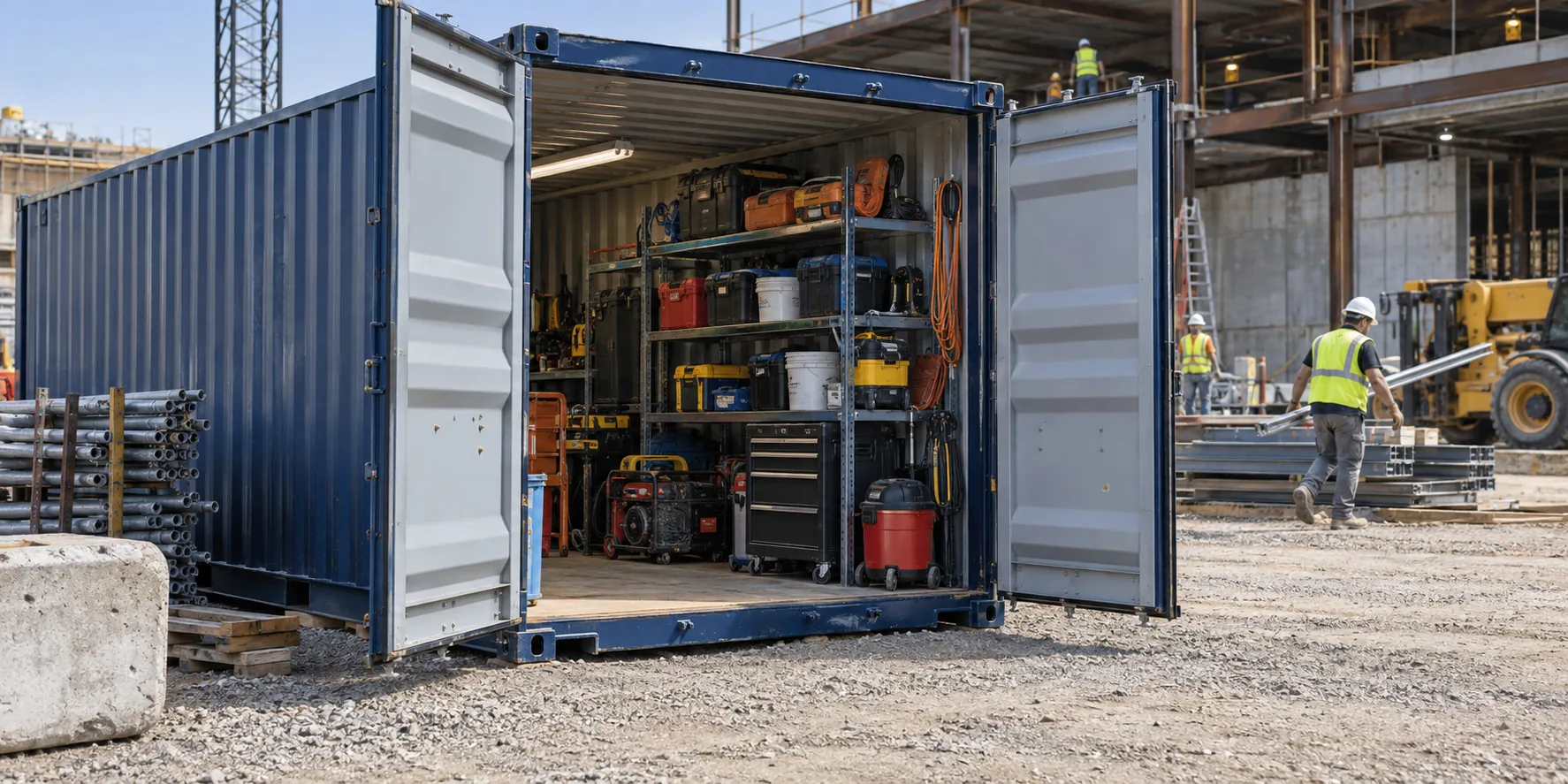 Shipping container storing jobsite tools
