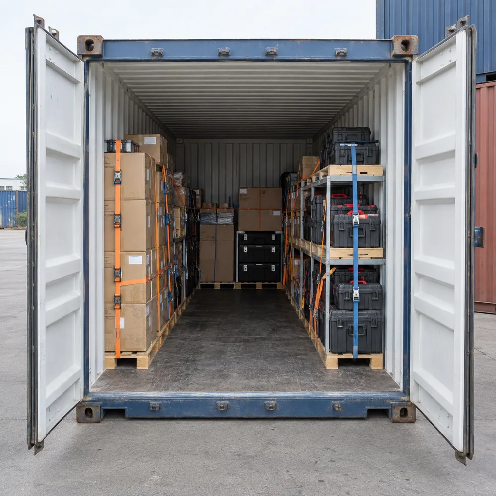 Interior of a 20-foot dry storage container with neatly secured cartons and tool cases, a clear walking aisle, open doors visible.