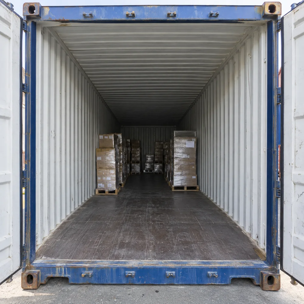 Long interior of a 40-foot dry shipping container used for palletized warehouse overflow, clear aisle and realistic corrugated walls.