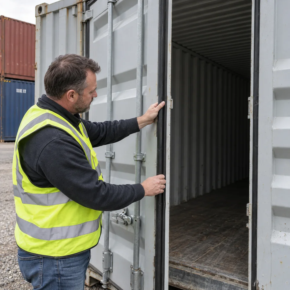 A container buyer inspecting rubber door seals and locking rods on a used dry shipping container with doors open, eye-level close view.
