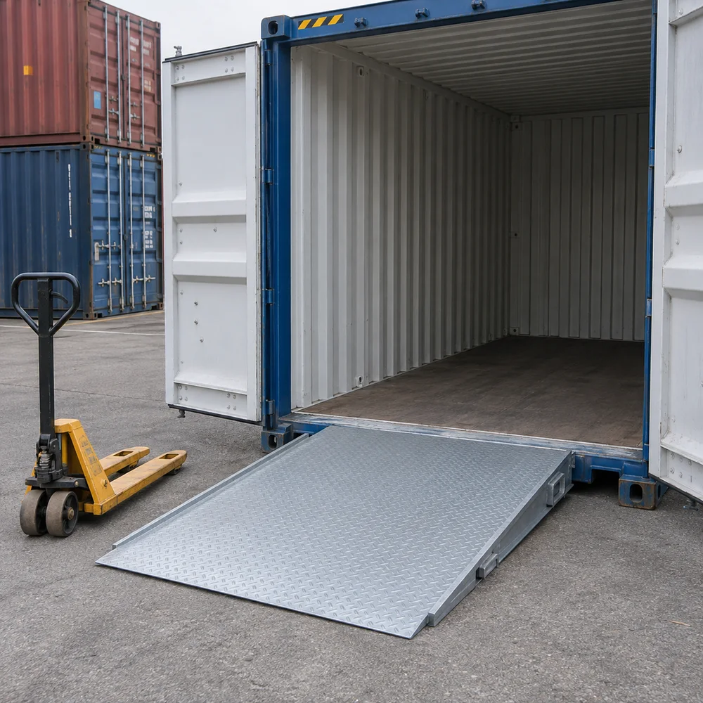 Low sturdy portable steel ramp aligned with a dry container threshold on level commercial pavement, hand pallet jack nearby.