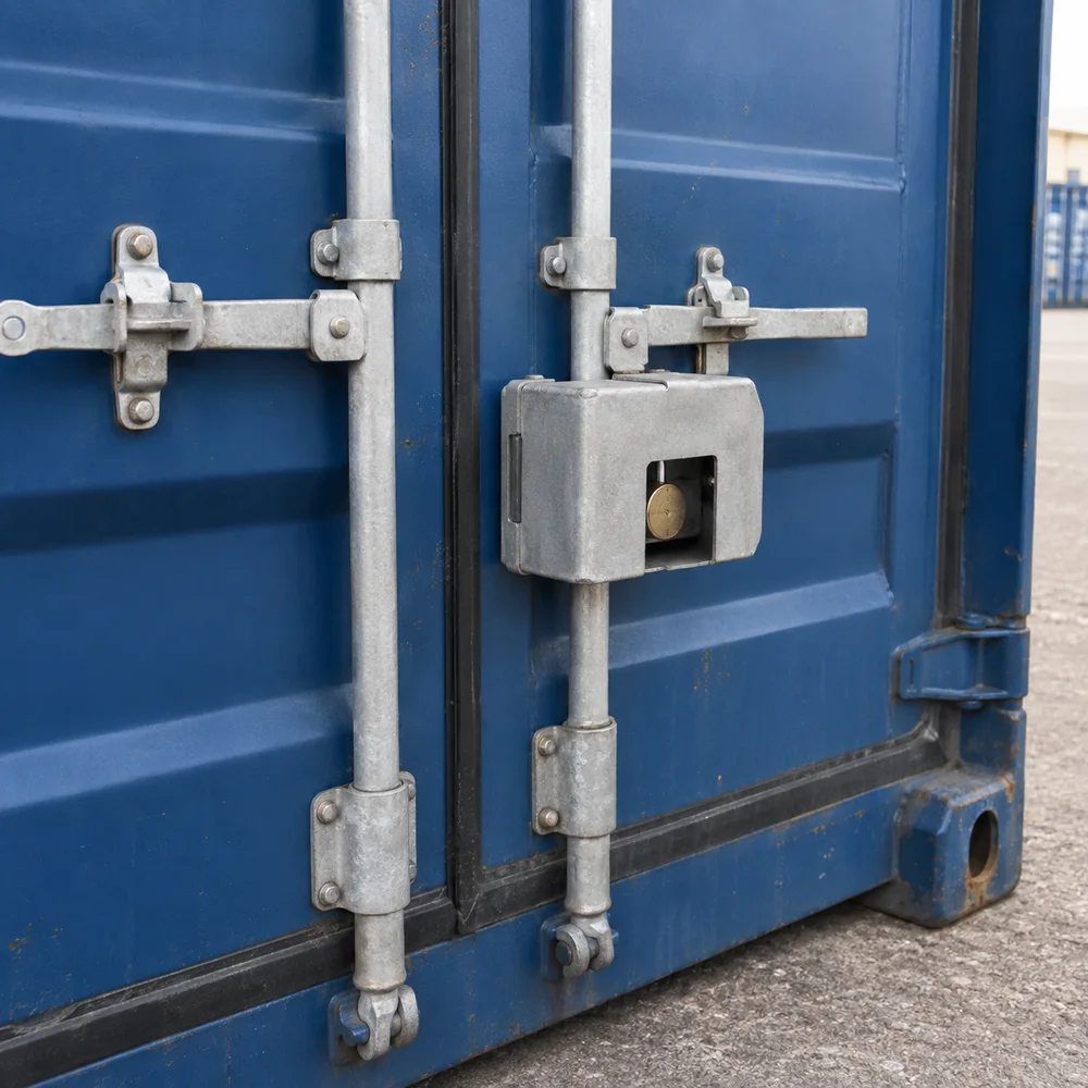Close-up of a shipping container steel lockbox covering a padlock near double-door meeting edge with credible locking bars.