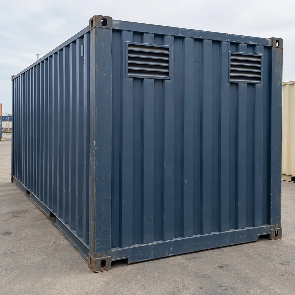 Exterior of a dry shipping container with modest professionally installed upper louver vents and original corner castings, realistic details.