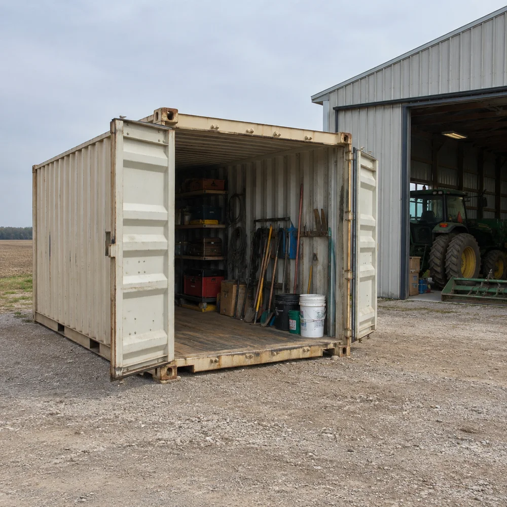 Shipping container used for farm parts and hand tools near a practical machinery shed, mundane daytime working farm.