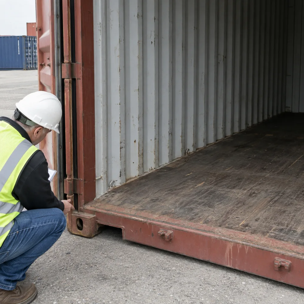 Close view of used shipping container plywood floor and lower side rails, mild service wear, inspector kneeling outside threshold.