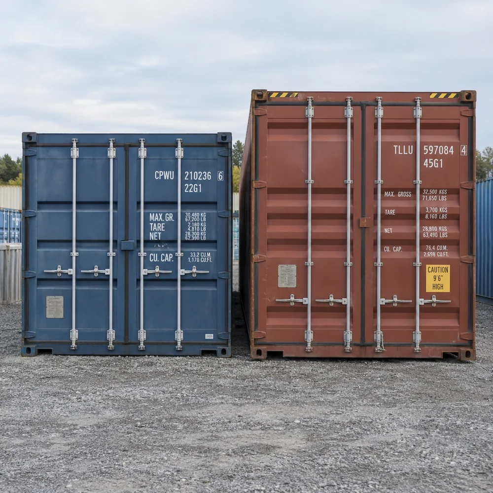 Standard height and high cube dry shipping containers beside each other on level gravel, realistic slight height difference, both eight feet wide.