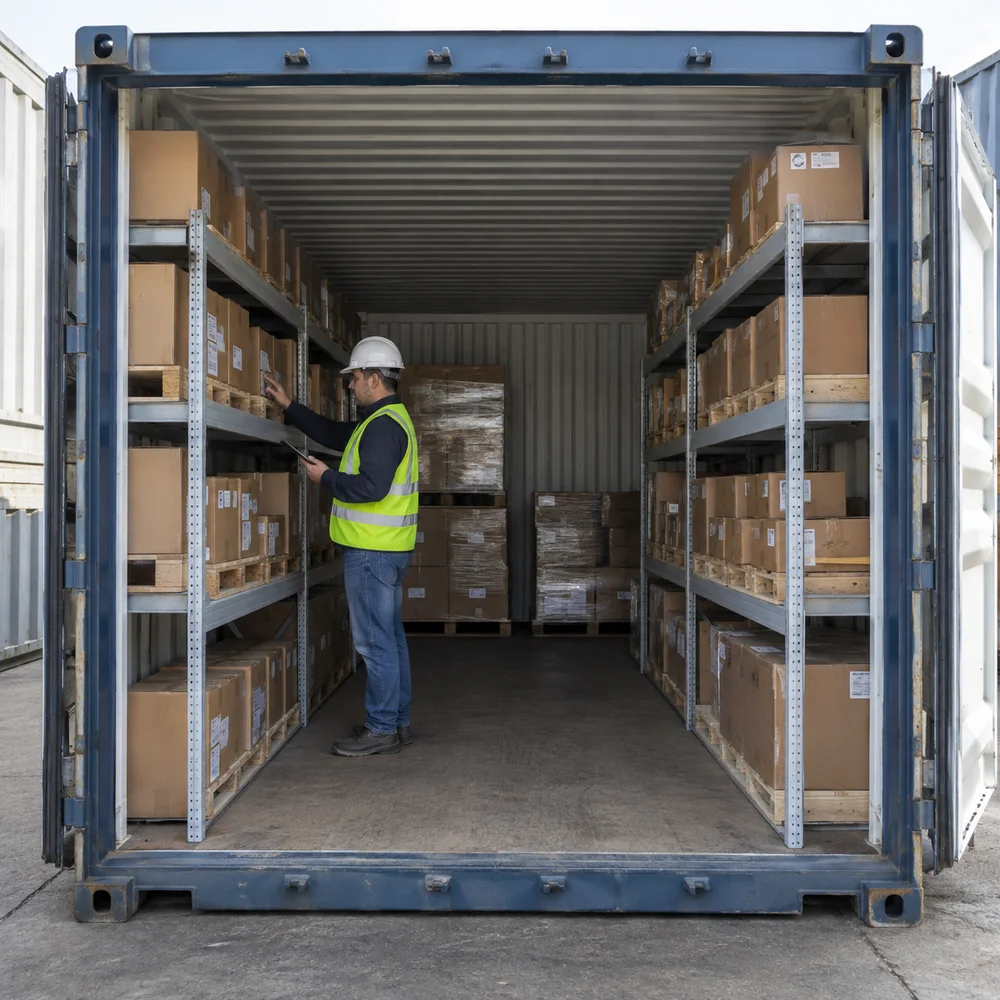 Warehouse employee checking cartons on shelving inside dry container, clear aisle, realistic proportions.