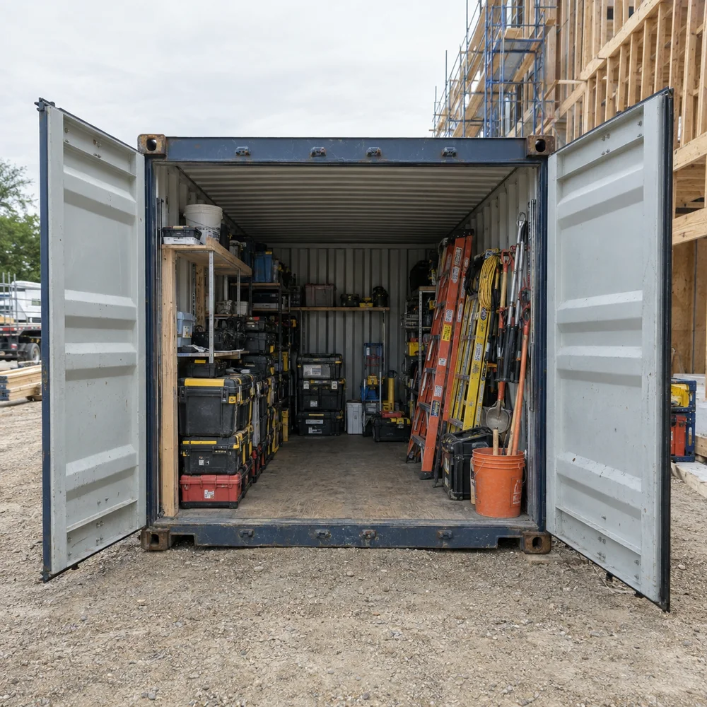 Open shipping container at a construction site storing organized job boxes, ladders and tools, no unsafe stacking.