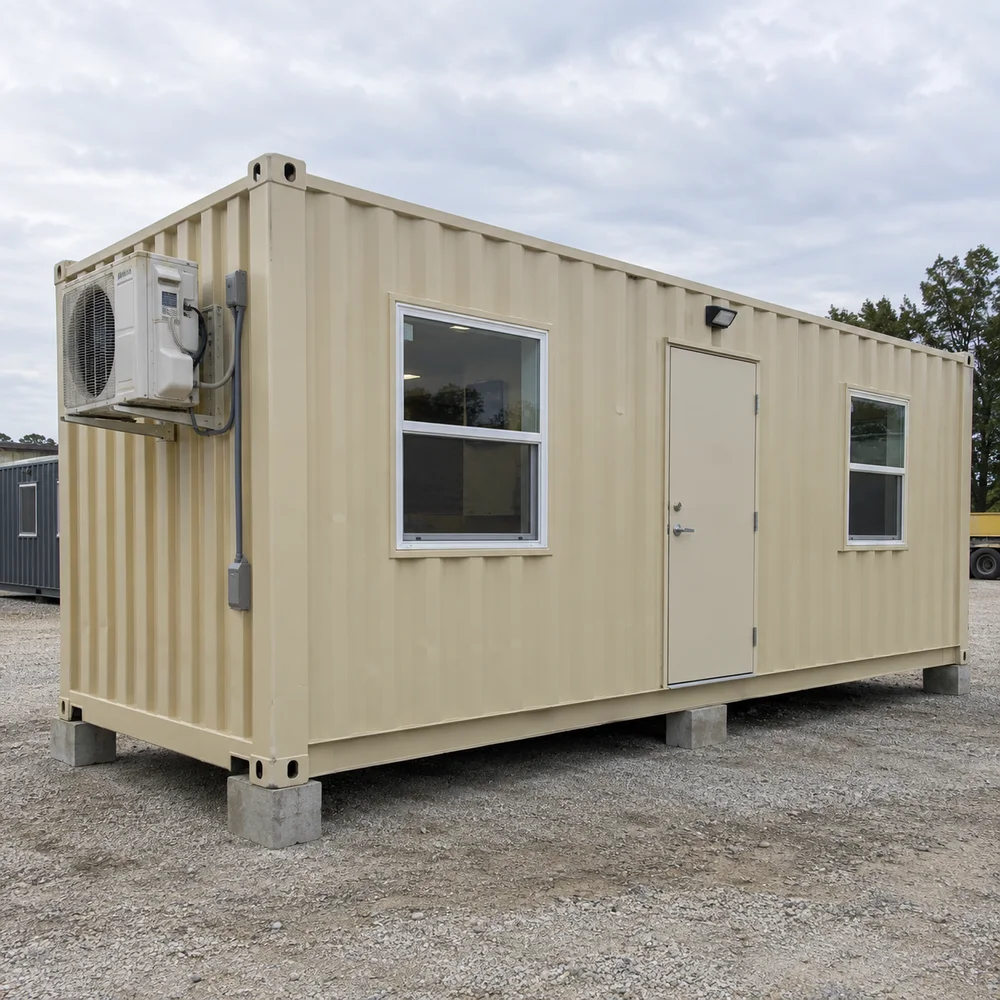 A professionally converted shipping container office with simple personnel door, two windows and exterior HVAC unit, on credible level supports.