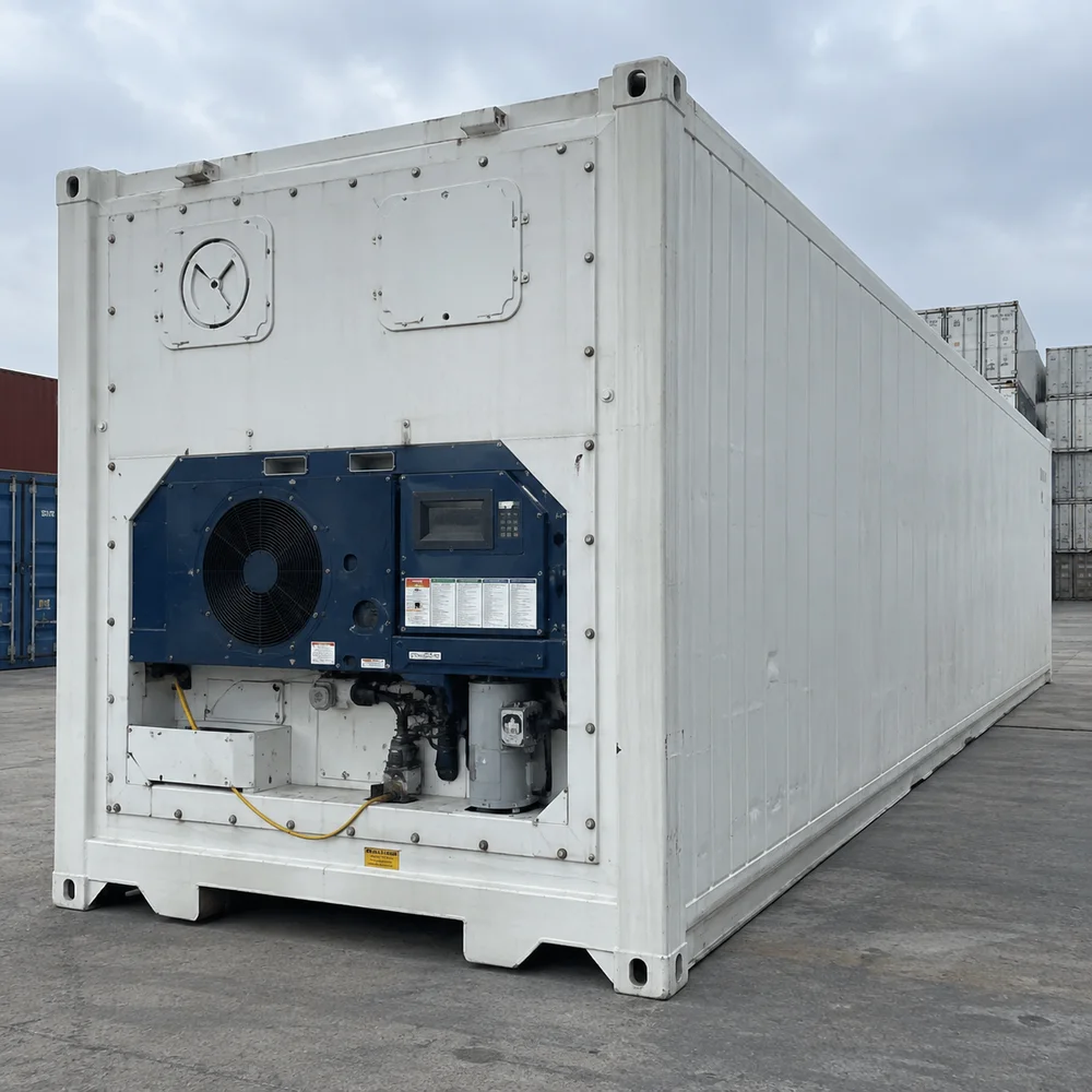 A white refrigerated shipping container viewed at its machinery end with authentic integrated refrigeration equipment, on a level commercial yard pad.
