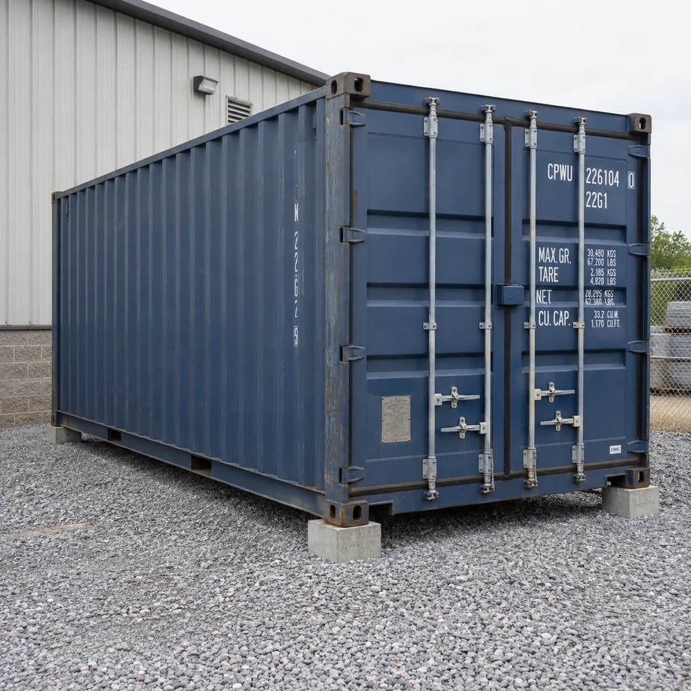 Dry shipping container level on four properly aligned concrete corner supports on a drained compact gravel pad beside a warehouse.