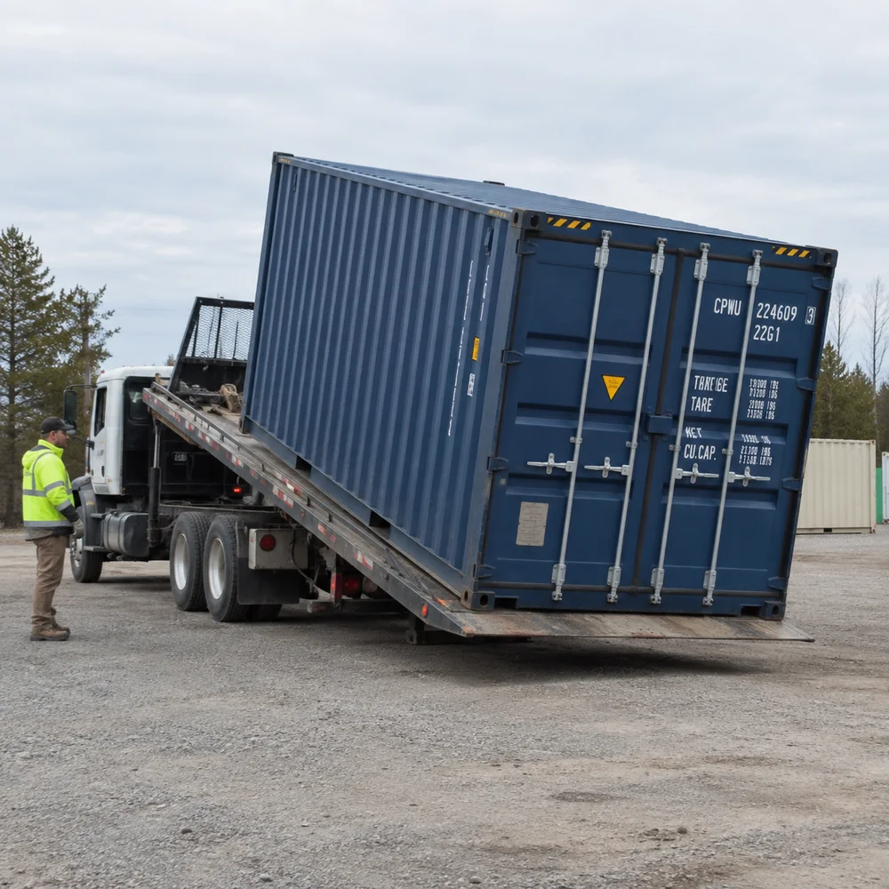 A dry shipping container being gently unloaded from a real tilt-bed delivery truck onto level gravel, safe exclusion area, worker well clear to side.