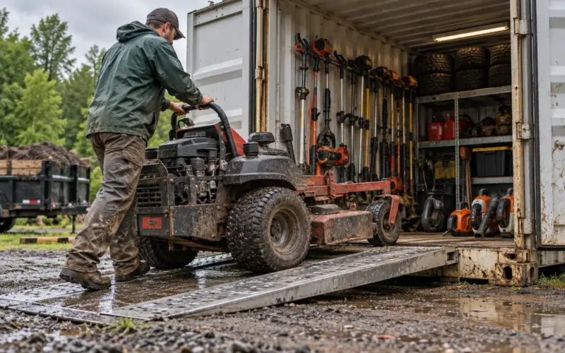 landscaping equipment storage containers at a working commercial site
