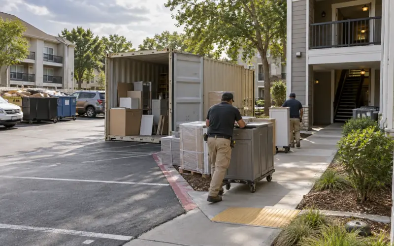 apartment renovation storage containers at a working commercial site