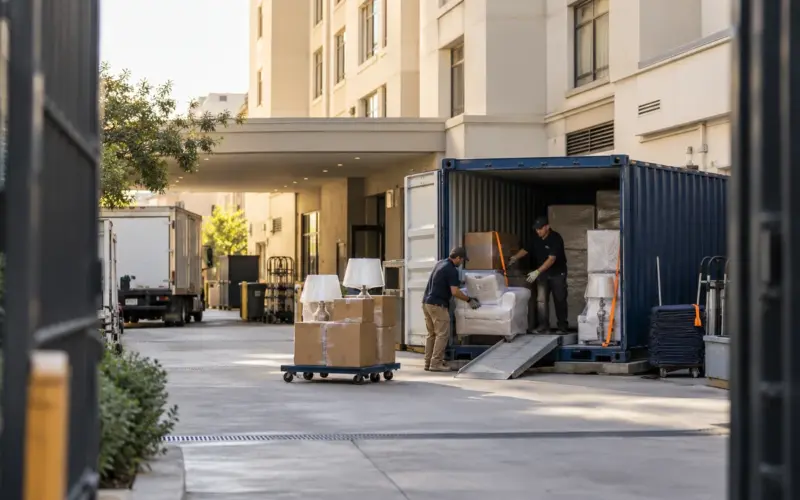 hotel renovation storage containers at a working commercial site