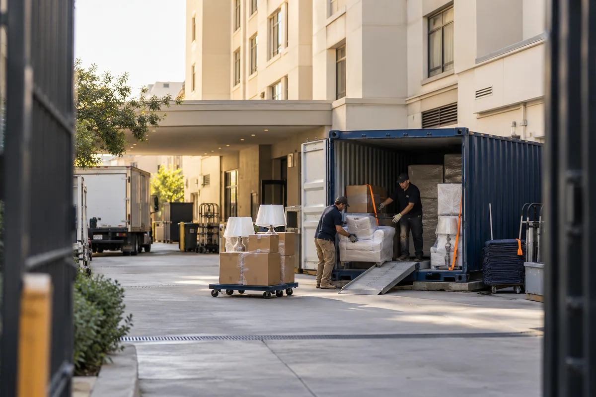 hotel renovation storage containers at a working commercial site