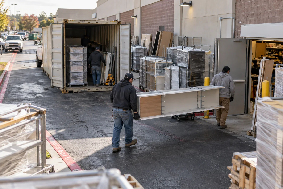 retail renovation storage containers at a working commercial site