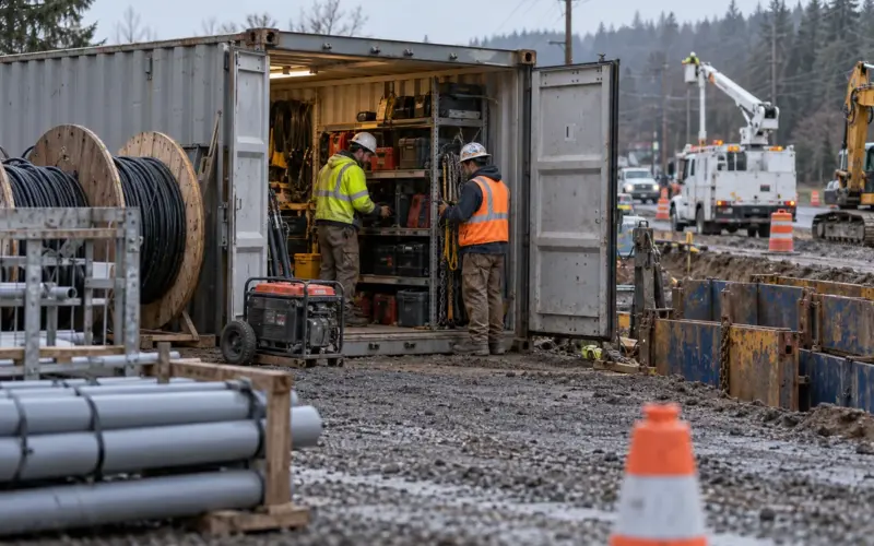 utility contractor storage containers at a working commercial site