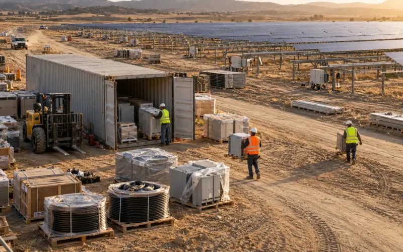 solar project storage containers at a working commercial site