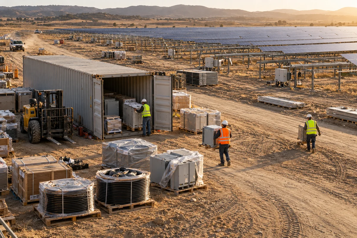 solar project storage containers at a working commercial site